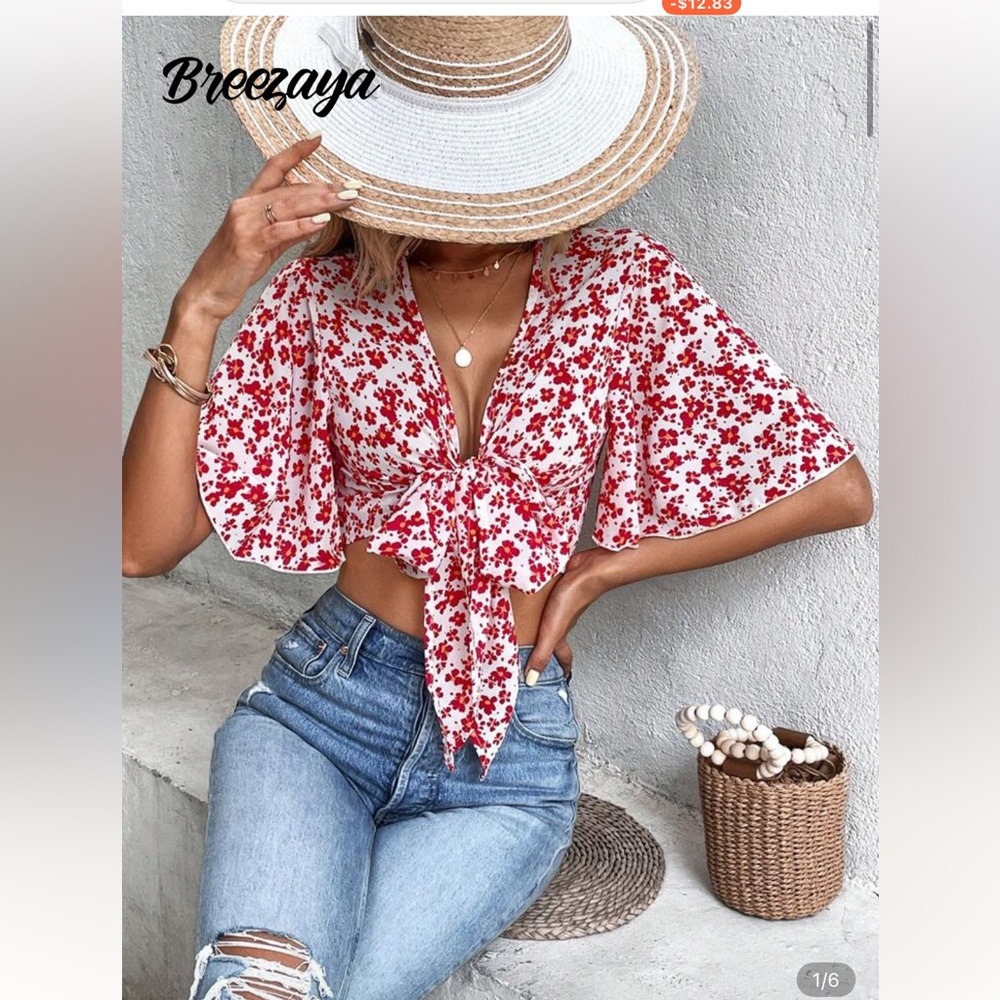 SHEIN Red and White Sleeve Blouse with Ruffled Tie Front